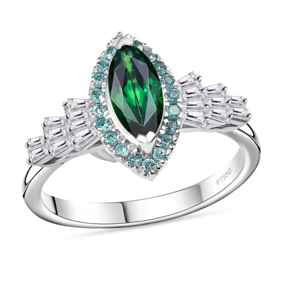 tsavorite garnet paraiba tourmaline and diamond marquise halo ring in 950 platinum
