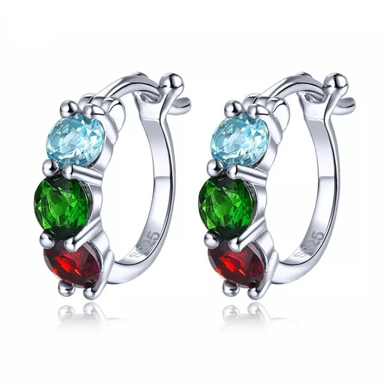 blue topaz chrome diopside and garnet hoop earrings in rhodium over sterling silver