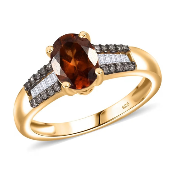 hessonite garnet champagne and white diamond ring in 18k yellow gold over sterling silver