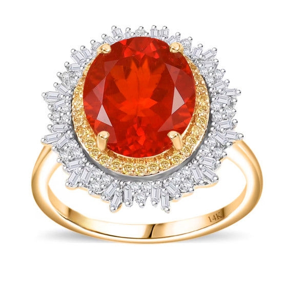 fire opal yellow and white diamond halo ring in 14k yellow gold