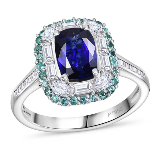 ceylon blue sapphire paraiba tourmaline and diamond double halo ring in 950 platinum