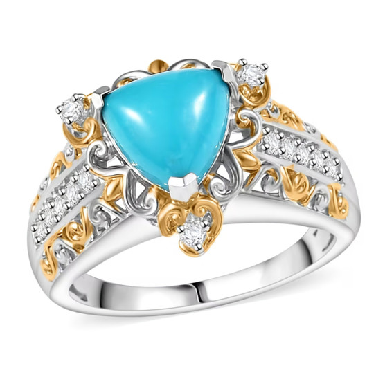 sleeping beauty turquoise and white zircon two-tone 18k yellow gold and rhodium over sterling silver ring