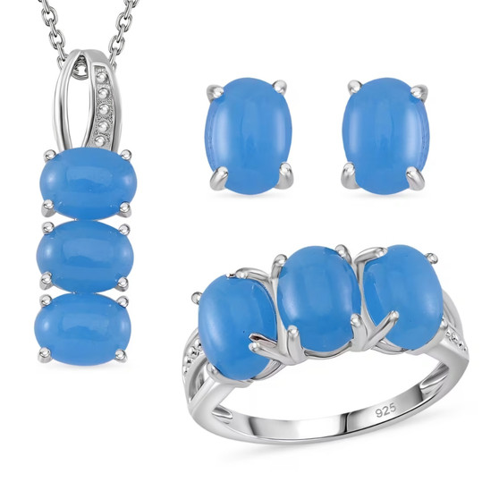 blue jade three piece jewelry set in rhodium over sterling silver