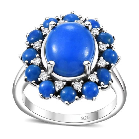 ceruleite and moissanite oval halo ring in rhodium over sterling silver