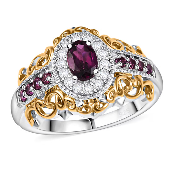 rhodolite garnet and white zircon 18k yellow gold and rhodium over sterling silver two-tone halo ring