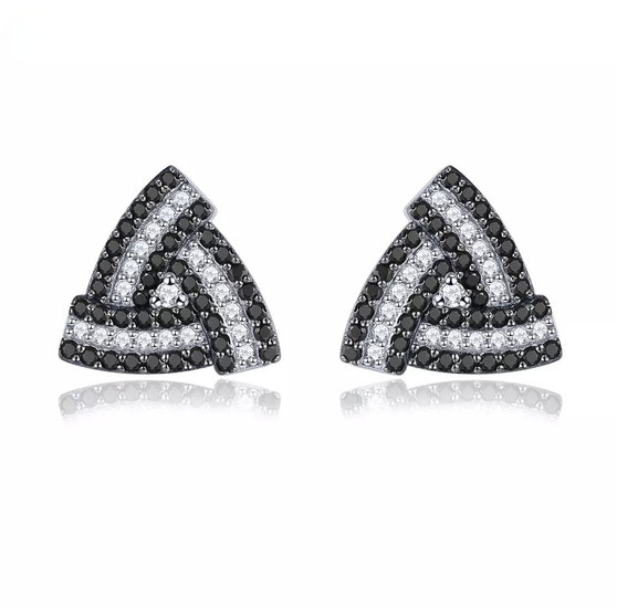 black spinel and white zircon triangle stud earrings in 925 sterling silver