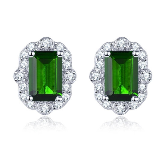 emerald cut chrome diopside and white zircon halo stud earrings in rhodium over sterling silver