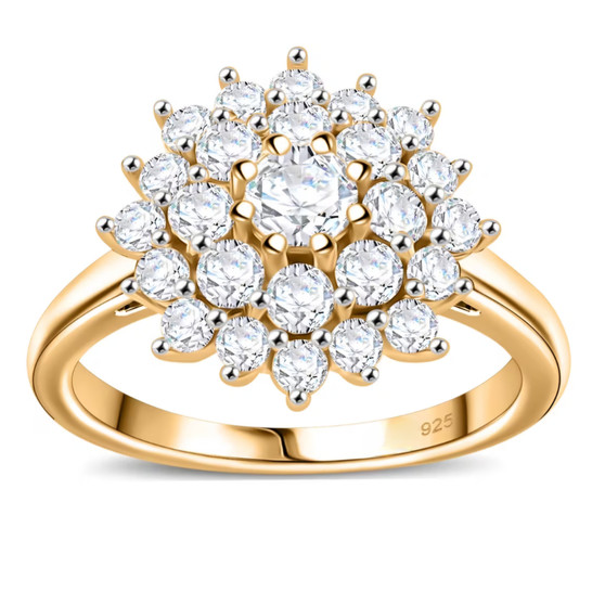 round moissanite cluster ring in 18k yellow gold over sterling silver