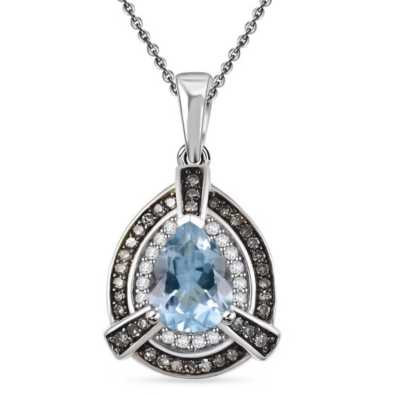 aquamarine champagne and white diamond halo necklace in rhodium over sterling silver