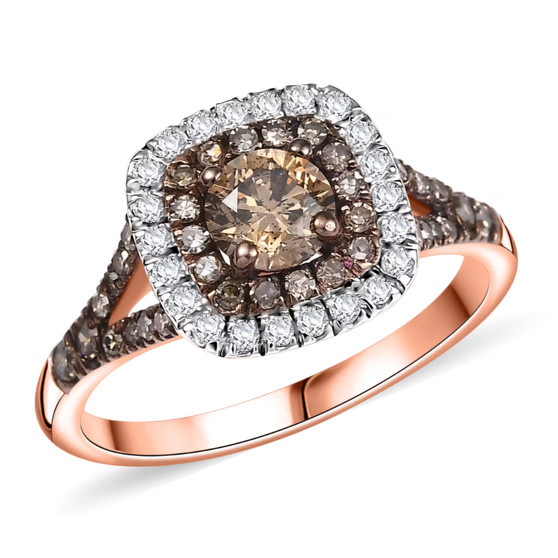 champagne and white diamond 18k rose gold over sterling silver double halo ring