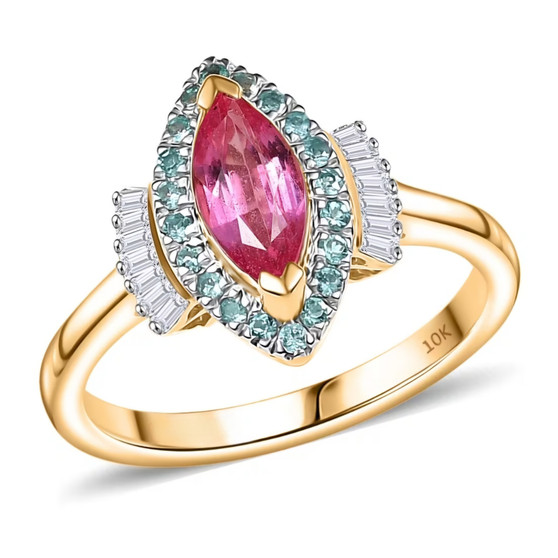 padparadscha sapphire paraiba tourmaline and diamond marquise halo ring in 10k yellow gold
