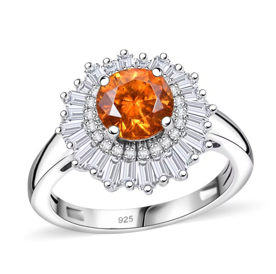 sphalerite and moissanite round halo rhodium over sterling silver ring