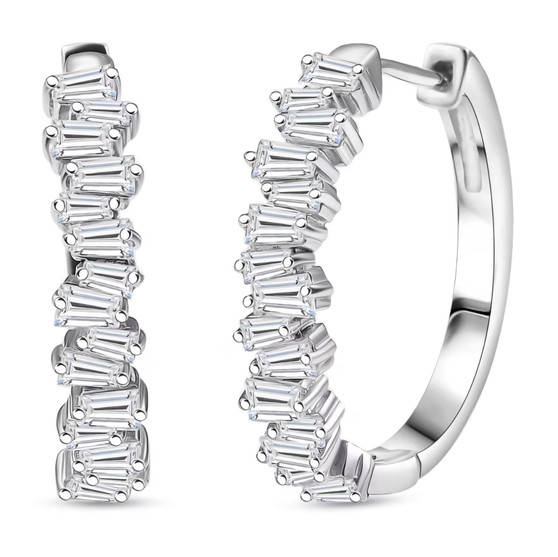 white zircon tapered baguette hoop earrings in rhodium over sterling silver