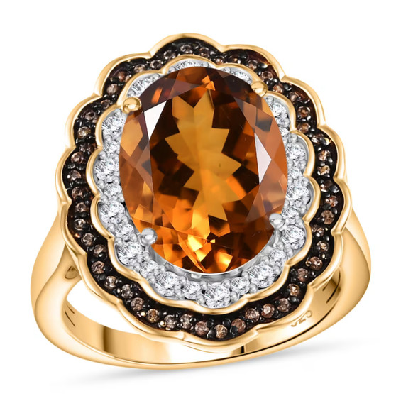 front view of madeira citrine brown and white zircon halo ring in 18k yellow gold over sterling silver