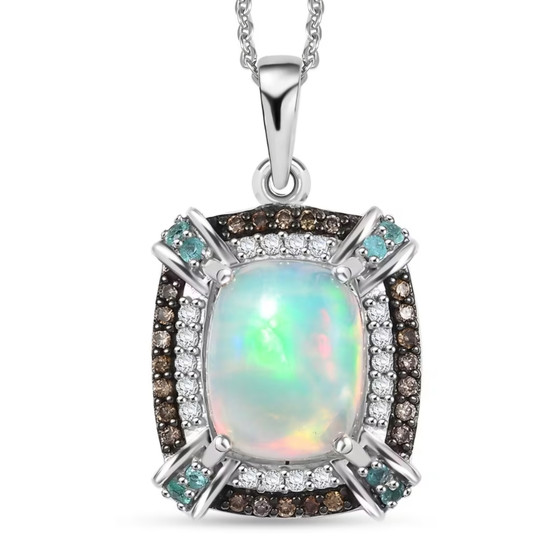 ethiopian opal paraiba tourmaline champagne and white diamond necklace in rhodium over sterling silver
