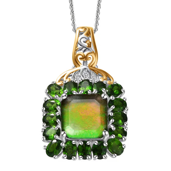 ammolite chrome diopside and zircon pendant necklace in 18k yellow gold and rhodium over sterling silver