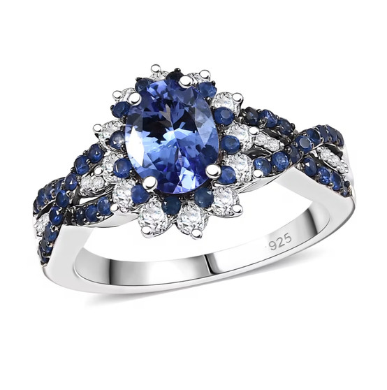 tanzanite blue sapphire and zircon halo ring in rhodium over sterling silver
