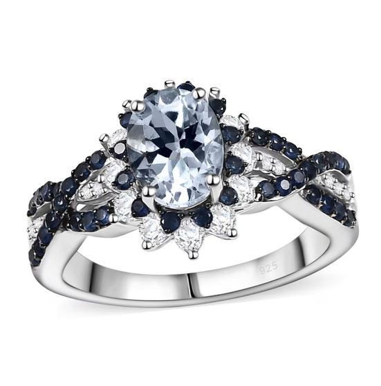 aquamarine blue sapphire and zircon halo ring in rhodium over sterling silver