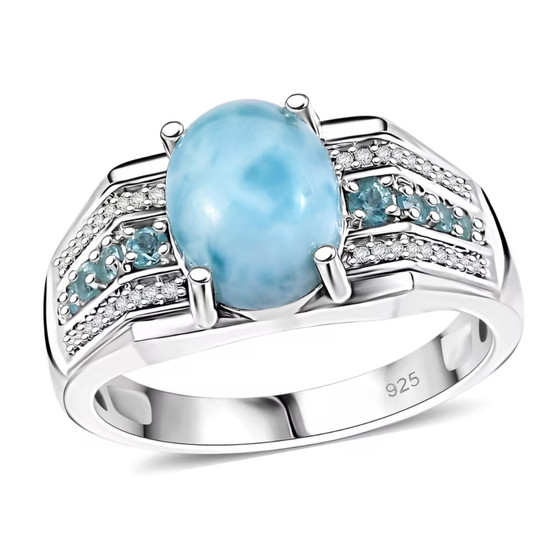 larimar blue apatite and zircon gents ring in rhodium over sterling silver