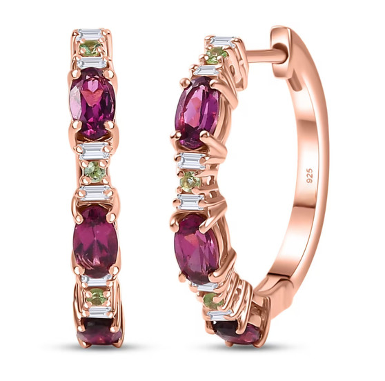 rhodolite garnet tsavorite garnet and moissanite hoop earrings in 18k rose gold over sterling silver