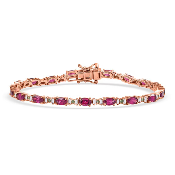 rhodolite garnet tsavorite garnet and moissanite tennis bracelet in 18k rose gold over sterling silver