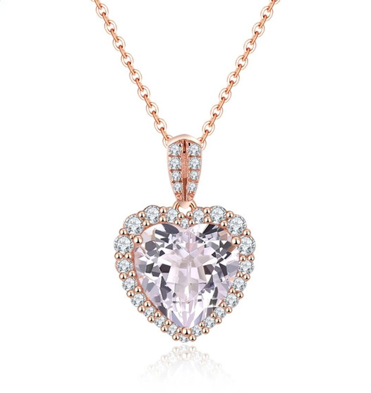 brazilian pink amethyst and white zircon heart halo necklace in 18k rose gold over sterling silver