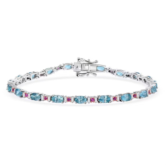 blue zircon pink sapphire and moissanite tennis bracelet in rhodium over sterling silver