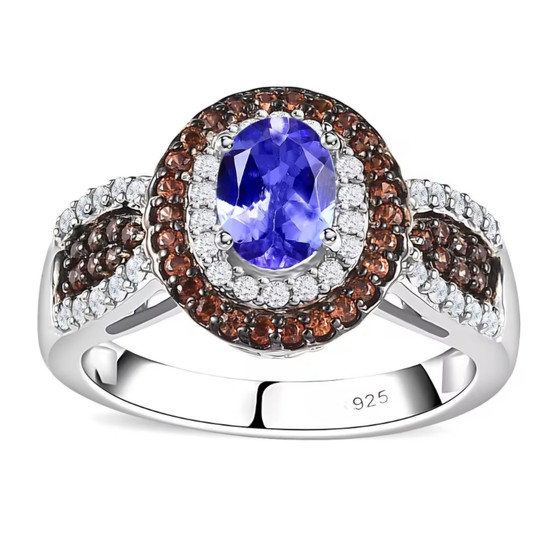 tanzanite brown and white zircon halo ring in rhodium over sterling silver