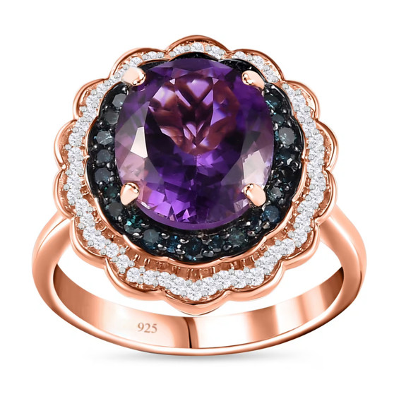 amethyst blue and white diamond double halo ring in 18k rose gold over sterling silver