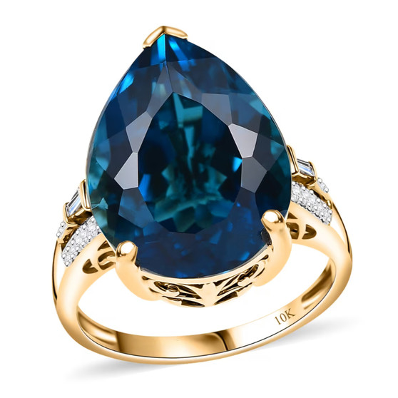 front view of pear london blue topaz and diamond ring in 10k yellow gold