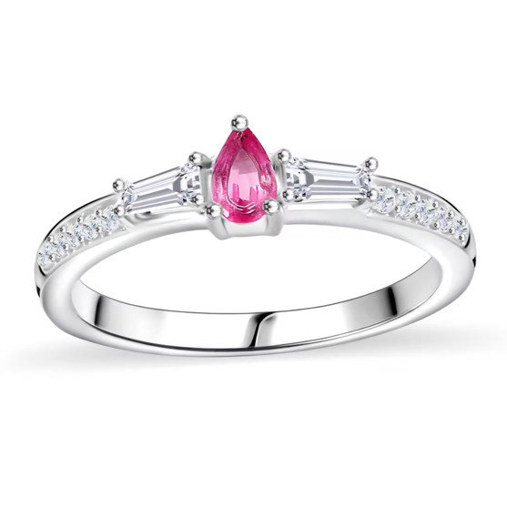 mahenge pink spinel and moissanite dainty solitaire ring in rhodium over sterling silver