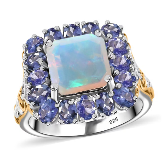 opal tanzanite and zircon halo ring in 18k yellow gold and rhodium over sterling silver