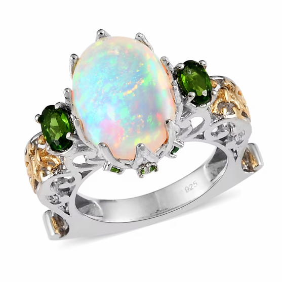 opal chrome diopside and zircon trilogy ring in 18k yellow gold and rhodium over sterling silver