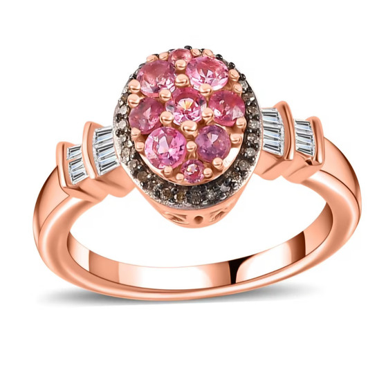 mahenge pink spinel brown and white diamond cluster ring in 18k rose gold and black and white rhodium over sterling silver