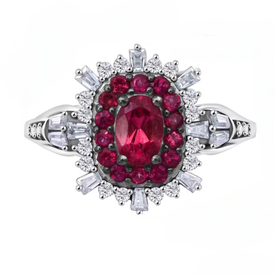 rubellite tourmaline and moissanite halo ring in rhodium over sterling silver