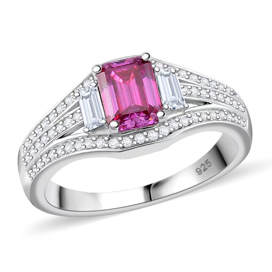 pink and white moissanite three stone ring in rhodium over sterling silver