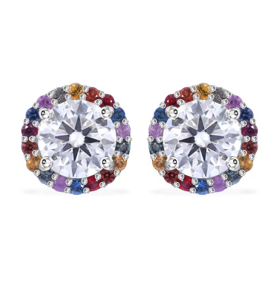 moissanite and multi color sapphire halo studs in rhodium over sterling silver