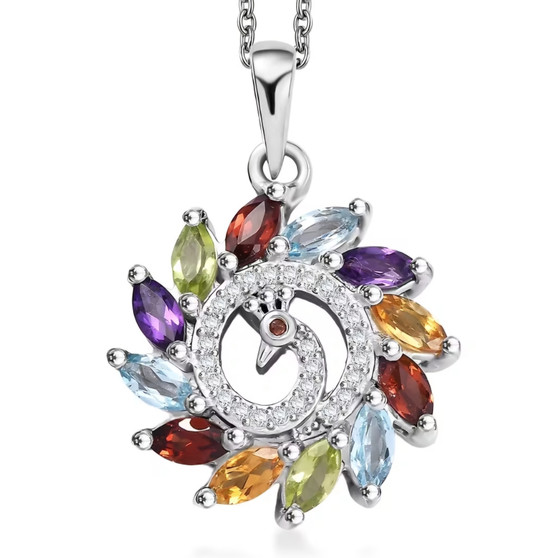 multi gemstone peacock pendant necklace in rhodium over sterling silver