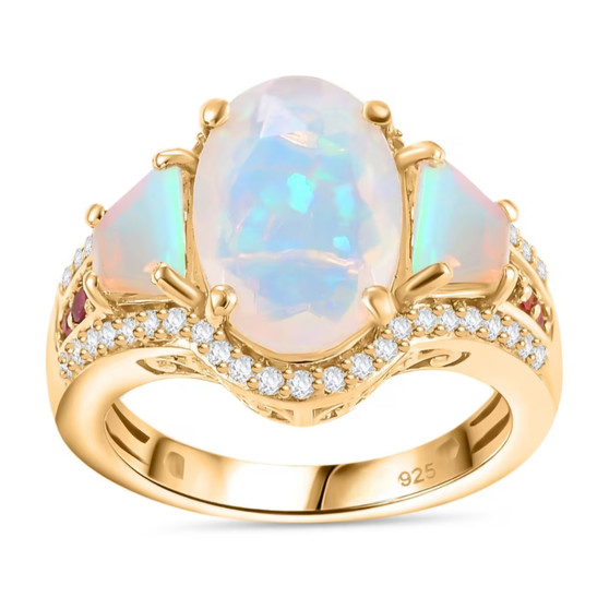 ethiopian opal rubellite tourmaline and zircon three stone ring in 18k yellow gold over sterling silver