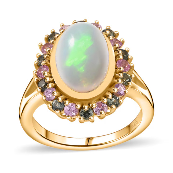 ethiopian opal green and pink sapphire halo ring in 18k yellow gold over sterling silver