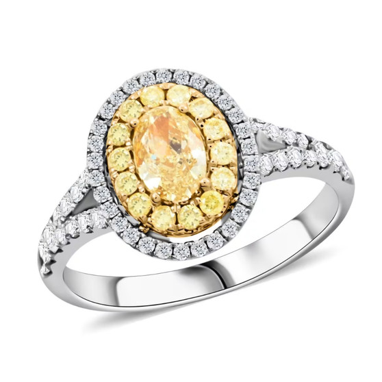 oval yellow and white diamond ring in 14k white and yellow gold