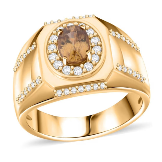 yellow and white zircon oval gents ring in 18k yellow gold over sterling silver