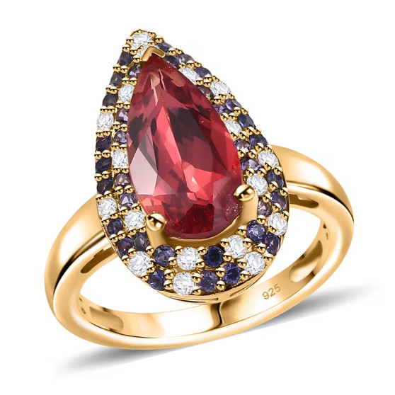 lab grown multi sapphire halo ring in 18k yellow gold over sterling silver