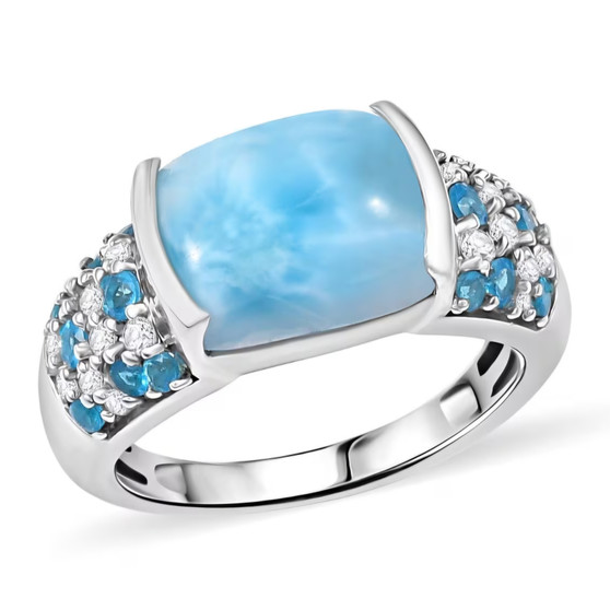 larimar neon apatite and white zircon halo ring in rhodium over sterling silver
