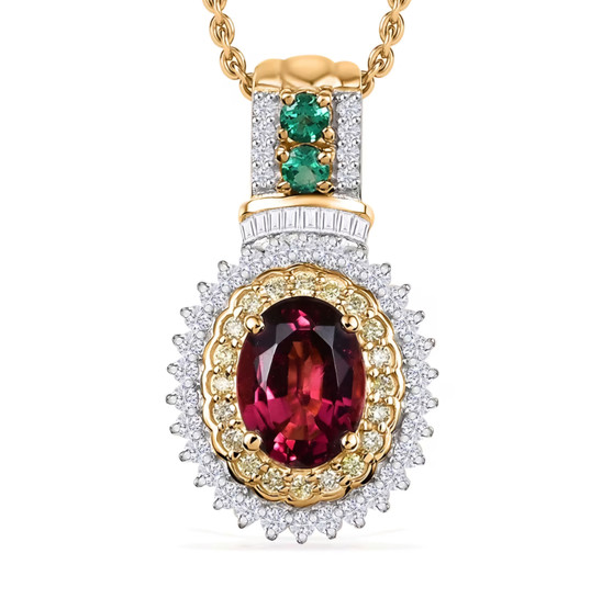 rubellite tourmaline colombian emerald yellow and white diamond necklace in 10k yellow gold