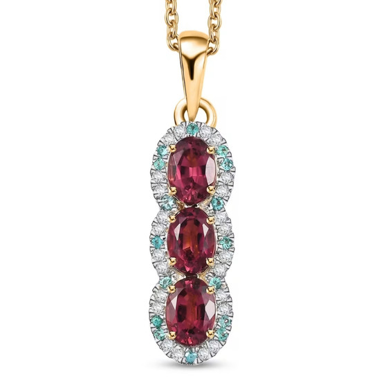 rubellite tourmaline paraiba tourmaline and diamond trilogy pendant necklace in 10k yellow gold