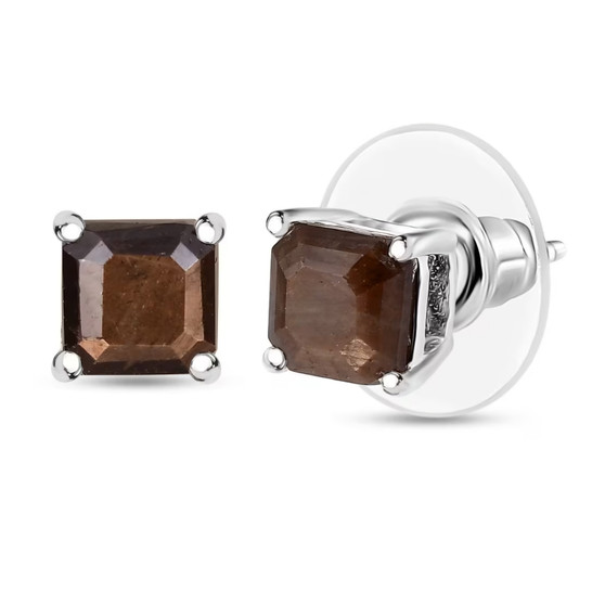 chocolate sapphire emerald cut stud earrings in rhodium over sterling silver