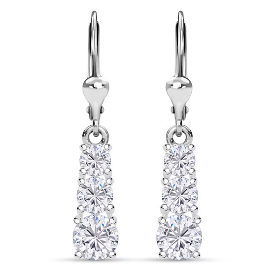 back view of lab white sapphire three stone drop lever back earrings in rhodium over sterling silver