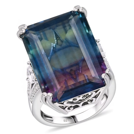 rainbow fluorite and moissanite emerald cut cocktail ring in rhodium over sterling silver
