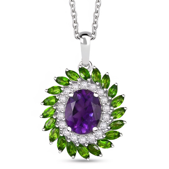 amethyst chrome diopside and zircon double halo pendant necklace in rhodium over sterling silver